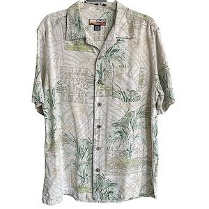 Havana Jack's Cafe Light Green Print Silk Hawaiian Shirt Size Medium